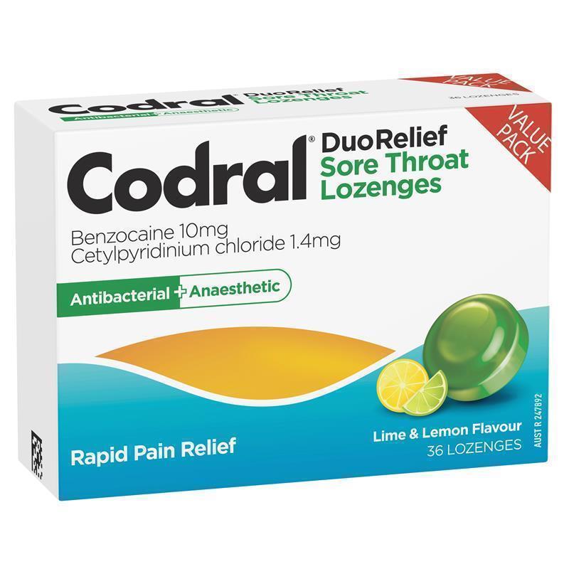 Load image into Gallery viewer, Codral Sore Throat Lozenges Antibacterial + Anaesthetic Lime &amp; Lemon 36 Pack
