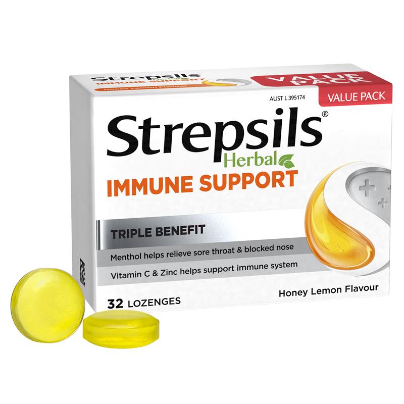 Load image into Gallery viewer, Strepsils Herbal Immune Support Lozenges Honey Lemon 32 Pack
