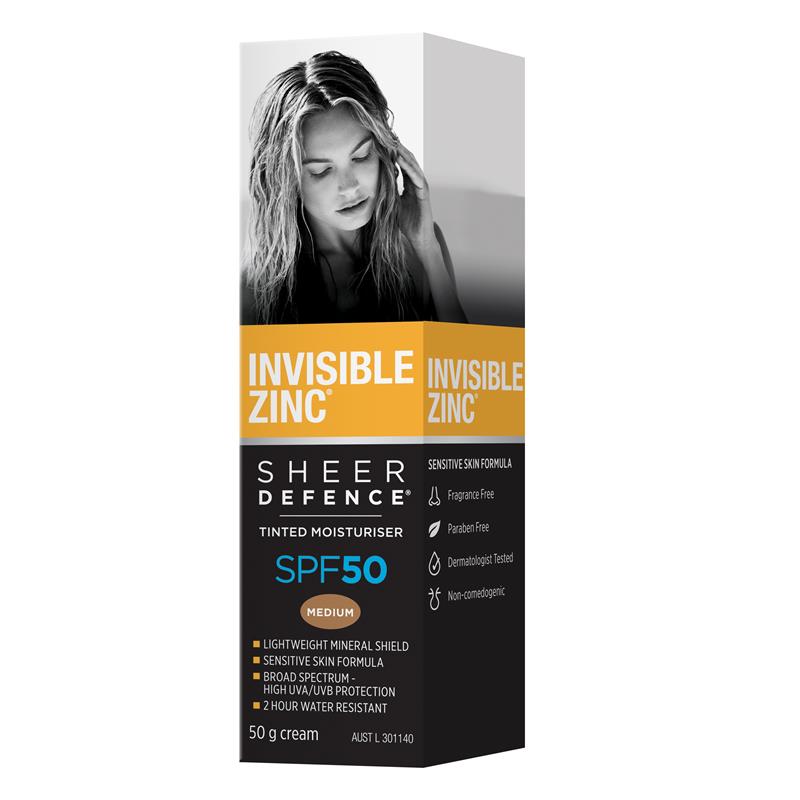 Load image into Gallery viewer, Invisible Zinc SPF 50+ Sheer Defence Tinted Moisturiser Medium 50g
