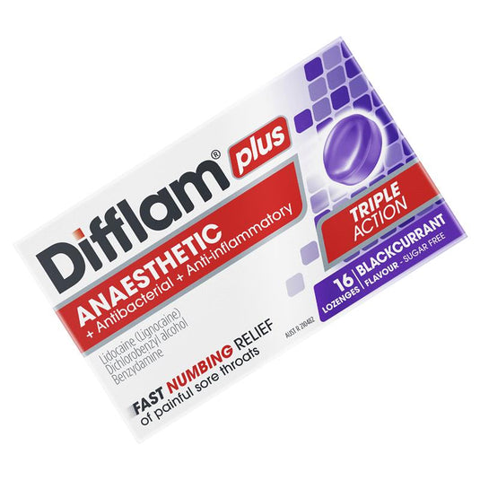 Difflam Plus Anaesthetic Sugar Free Blackcurrant 16 Lozenges
