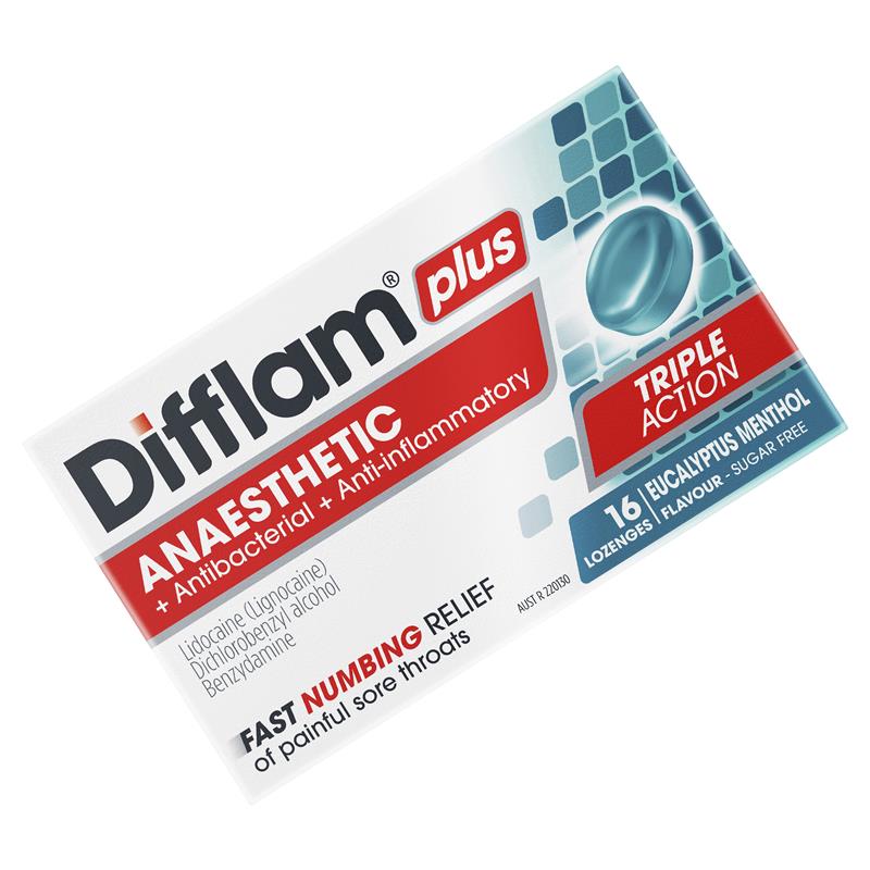 Load image into Gallery viewer, Difflam Plus Anaesthetic Sugar Free Eucalyptus Menthol 16 Lozenges
