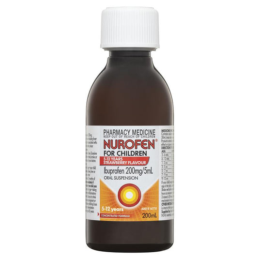 Nurofen For Children 5-12yrs Pain and Fever Relief Concentrated Liquid 200mg/5mL Ibuprofen Strawberry 200mL