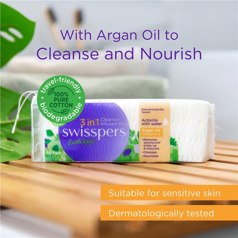 Load image into Gallery viewer, Swisspers 3in1 Argan Oil &amp; Vitamin E Cleanser Infused Pads 60 pack
