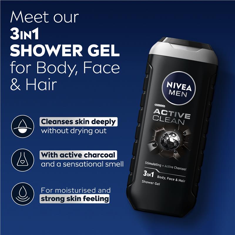 Load image into Gallery viewer, NIVEA MEN Active Clean 3-IN-1 Shower Gel Body Wash 500ml
