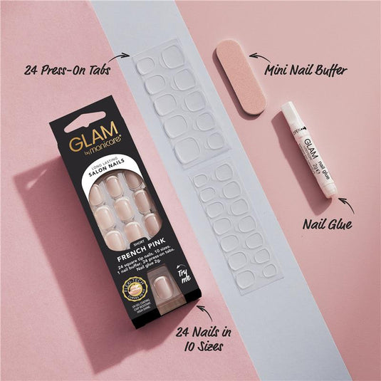 Glam By Manicare Press On Nails French Pink Short Square French Kit