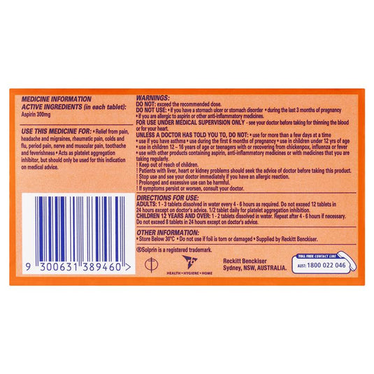 Solprin Pain and Fever Relief Dispersible Tablets 300mg Aspirin 96 Pack