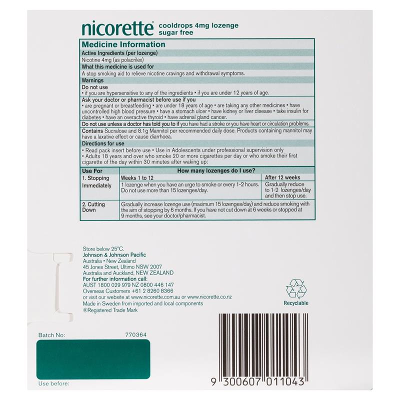 Load image into Gallery viewer, Nicorette Quit Smoking Extra Strength Cooldrops Nicotine Lozenge Icy Mint 4 x 20 Pack
