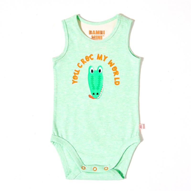 Load image into Gallery viewer, Bambi Mini Co. Supersinglet Bodysuit Boys Green Croc and Triangles 2 pack 6-12
