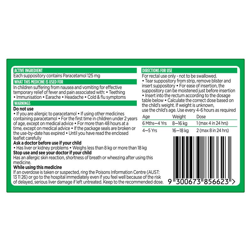 Load image into Gallery viewer, Panadol 125mg 6 Months - 5 Years 10 Suppositories
