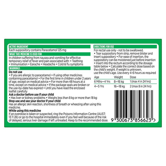 Panadol 125mg 6 Months - 5 Years 10 Suppositories