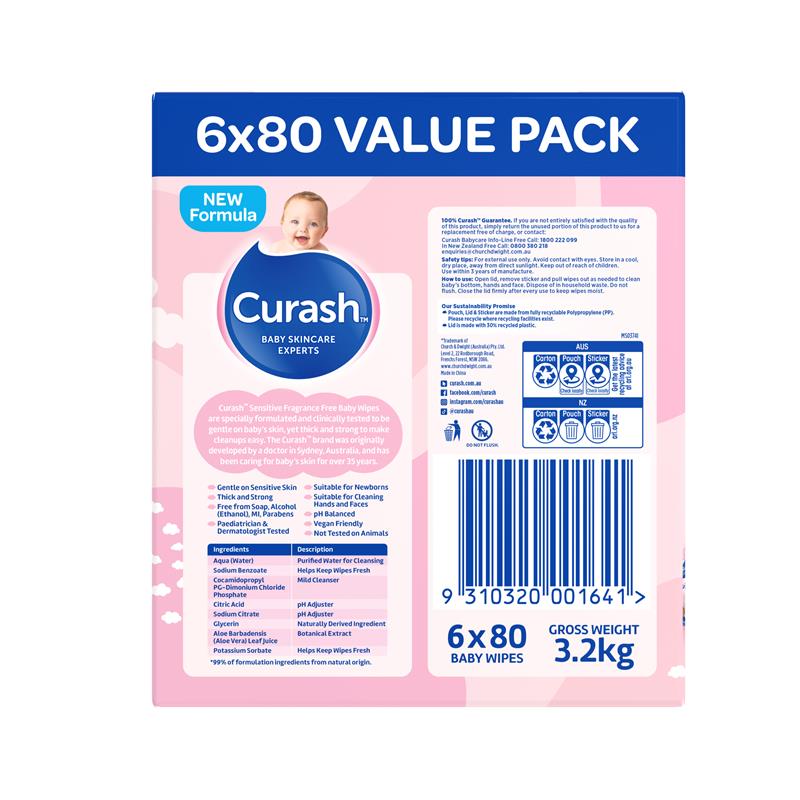 Load image into Gallery viewer, Curash Baby Sensitive Wipes 6 x 80 Value Pack
