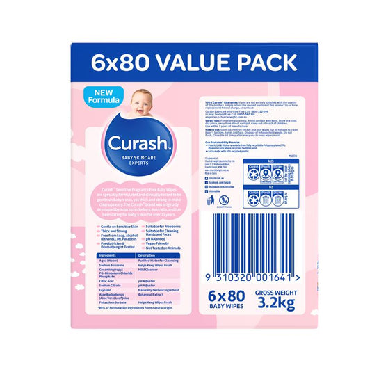 Curash Baby Sensitive Wipes 6 x 80 Value Pack