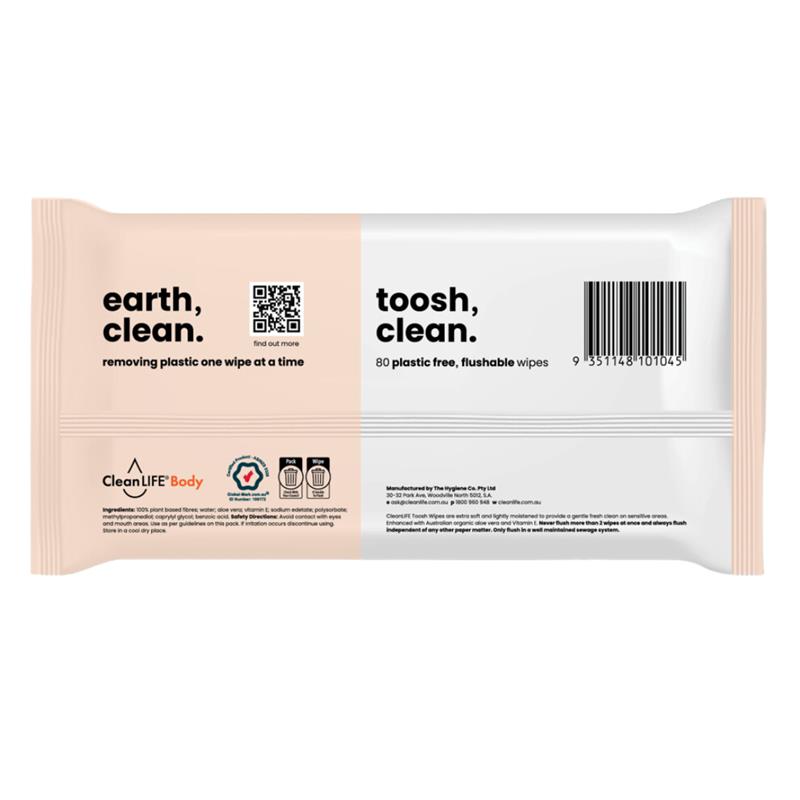 Load image into Gallery viewer, CleanLIFE Toosh Clean Gentle Flushable Wipes 80 Pack
