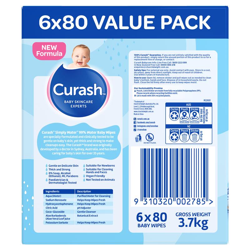 Load image into Gallery viewer, Curash Simply Water Wipes 6 x 80 Pack
