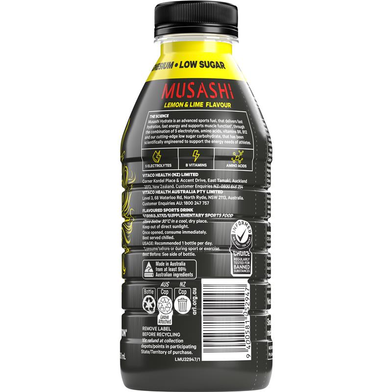 Load image into Gallery viewer, Musashi Hydrate Lemon Lime 600ml
