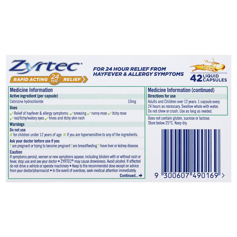Load image into Gallery viewer, Zyrtec Rapid Acting Relief Antihistamine Hayfever &amp; Allergy Liquid Capsules 42 Pack
