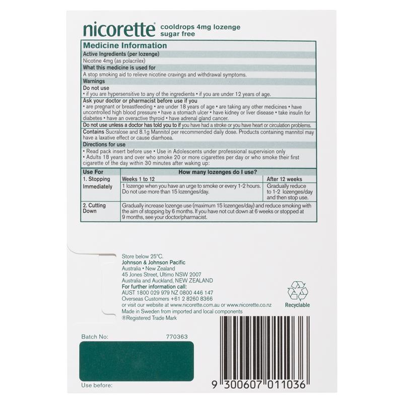 Load image into Gallery viewer, Nicorette Quit Smoking Extra Strength Cooldrops Nicotine Lozenge Icy Mint 20 Pack
