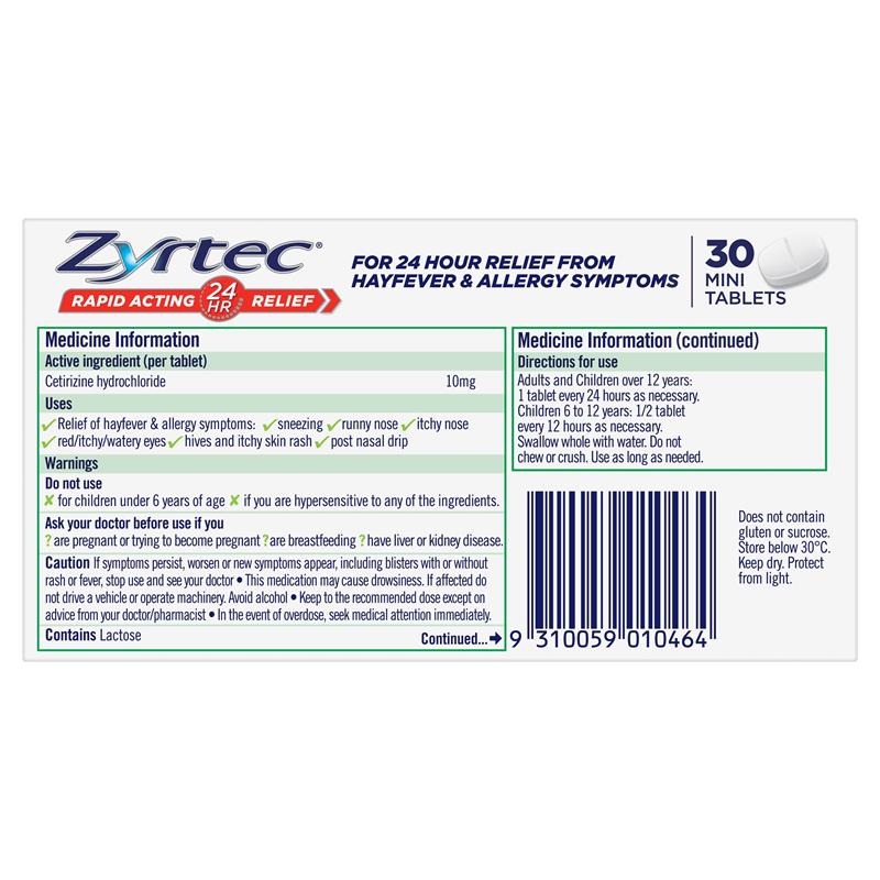 Load image into Gallery viewer, Zyrtec Rapid Acting Antihistamine Allergy &amp; Hayfever Mini Tablets 30 Pack
