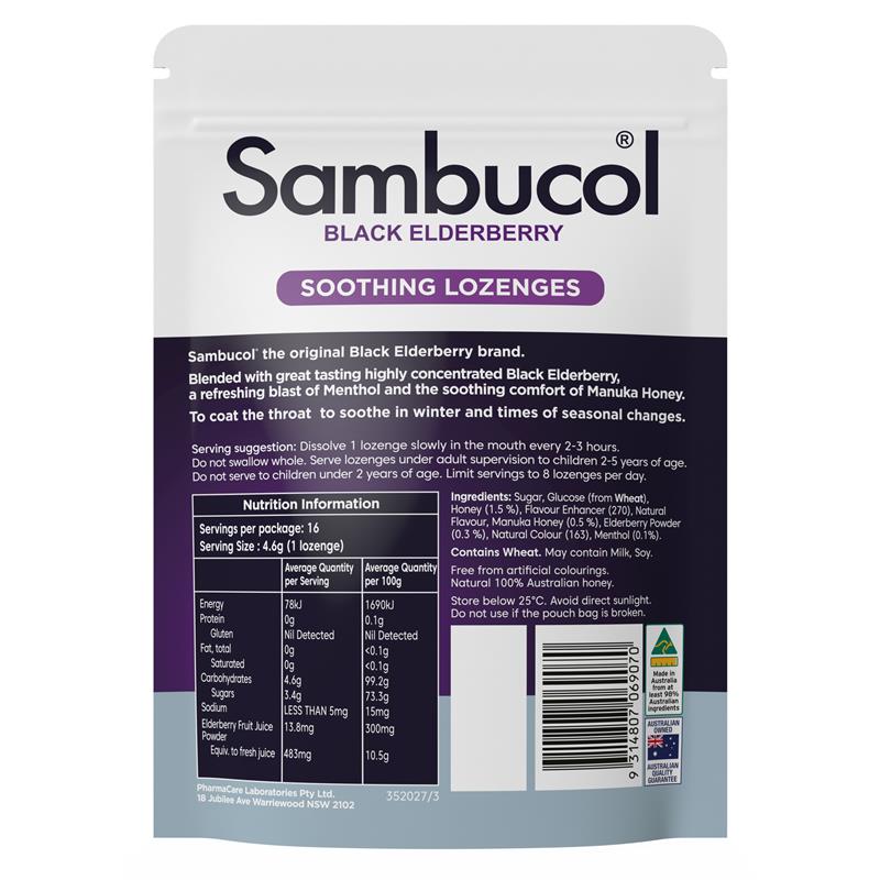 Load image into Gallery viewer, Sambucol Soothing Nose &amp; Throat Menthol &amp; Honey 16 Lozenges
