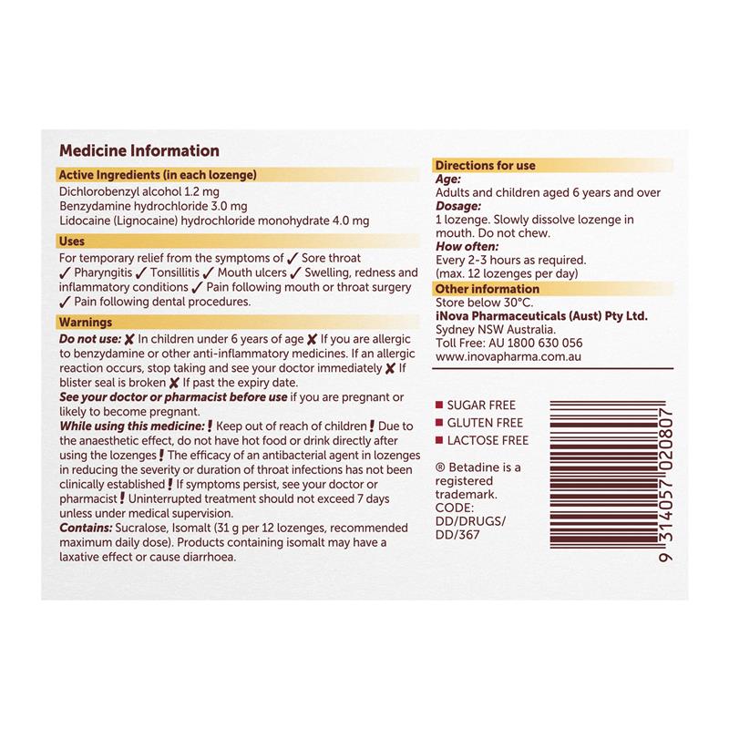 Load image into Gallery viewer, Betadine Sore Throat Anaesthetic Honey &amp; Lemon 16 Lozenges
