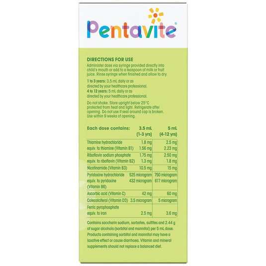 Pentavite Multivitamin + Iron Kids Liquid Lemon Lime 200ml NEW
