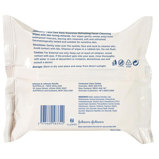 Johnson's Face Care Refreshing Facial Cleansing Wipes For Normal Skin 25 Pack