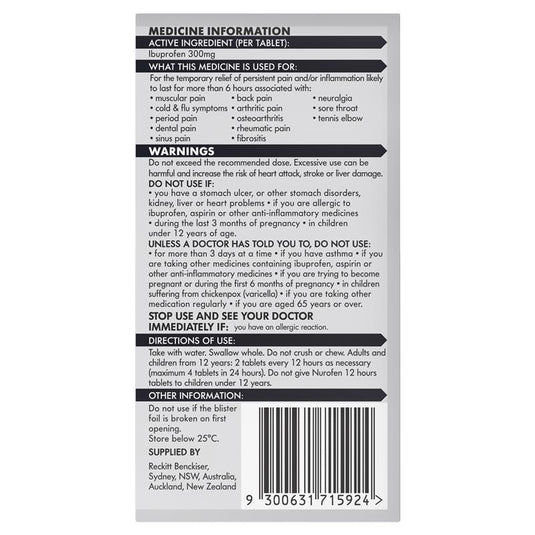 Nurofen 12 Hour Relief 300mg 24 Tablets - Ibuprofen (S3)