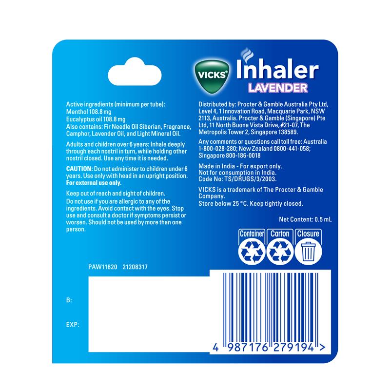 Load image into Gallery viewer, Vicks Inhaler Lavender Nasal Decongestant 0.5ml
