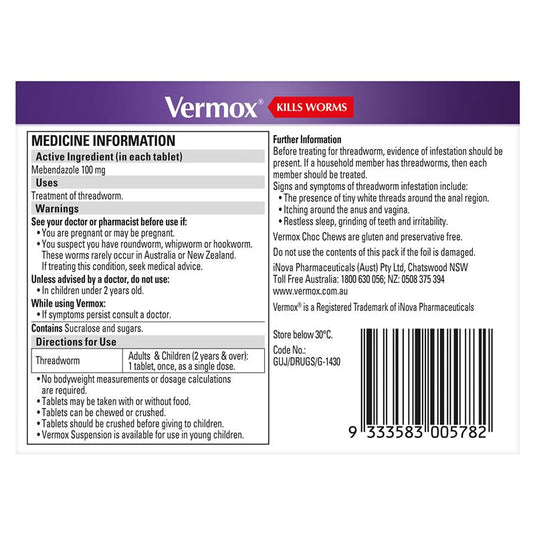 Vermox Worming Treatment Choc Chews 4 Tablets
