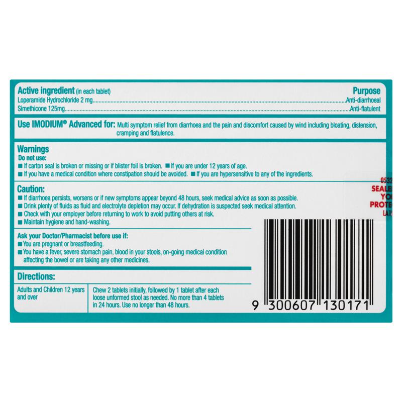 Load image into Gallery viewer, Imodium Advanced Diarrhoea Plus Wind Pain Chewable Tablets Mint Flavour 12 Pack
