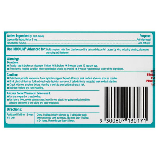 Imodium Advanced Diarrhoea Plus Wind Pain Chewable Tablets Mint Flavour 12 Pack