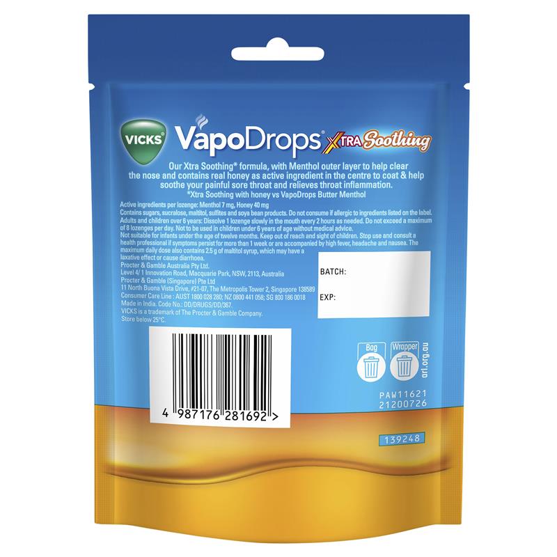 Load image into Gallery viewer, Vicks VapoDrops Xtra Soothing Honey Centre Lozenges 16 Pack

