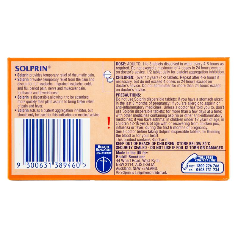 Load image into Gallery viewer, Solprin Pain and Fever Relief Dispersible Tablets 300mg Aspirin 96 Pack
