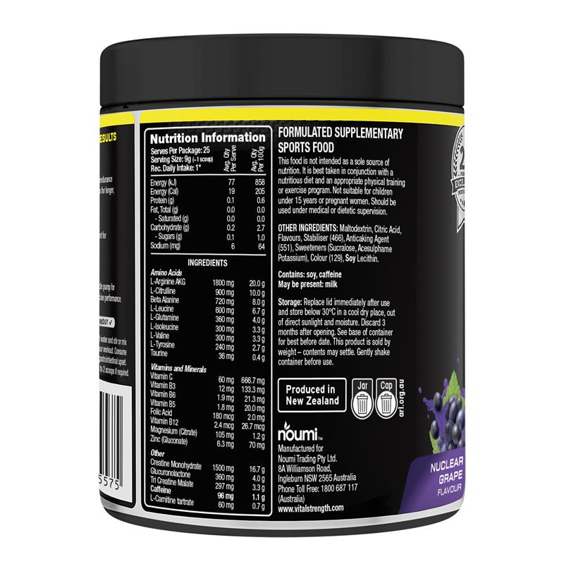 Load image into Gallery viewer, Vital Strength Pre Workout Powder Nuclear Grape 225g
