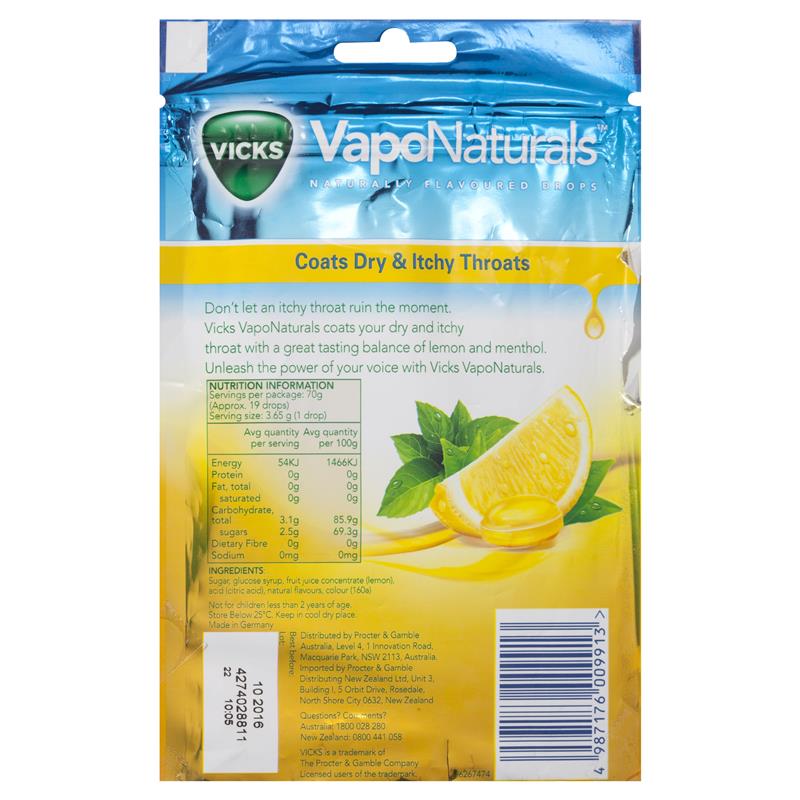 Load image into Gallery viewer, Vicks VapoNaturals Lemon Menthol Throat Lozenges 19 Naturally Flavoured Drops 70g Resealable Bag
