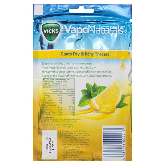 Vicks VapoNaturals Lemon Menthol Throat Lozenges 19 Naturally Flavoured Drops 70g Resealable Bag
