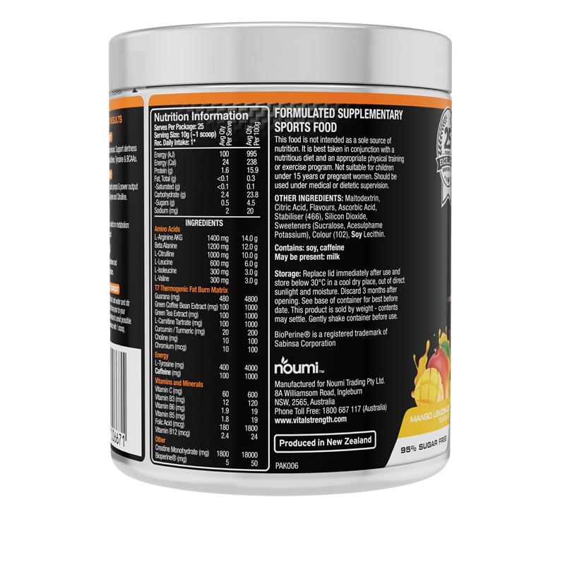 Load image into Gallery viewer, Vital Strength Ripped Pre Workout Mango Lemonade 250g
