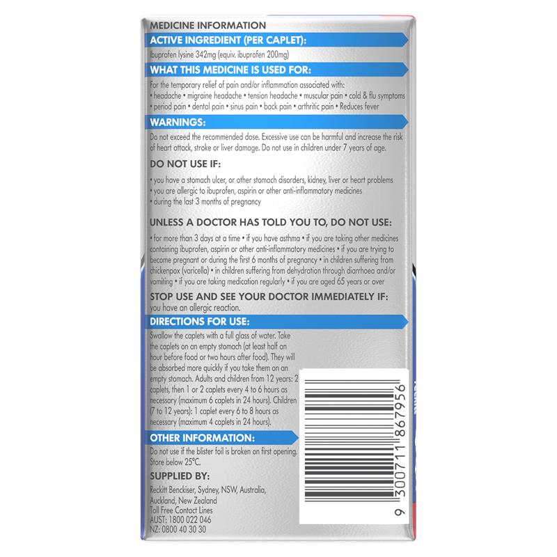 Load image into Gallery viewer, Nurofen Quickzorb Pain Relief Caplets 96 pack Ibuprofen Lysine 342mg
