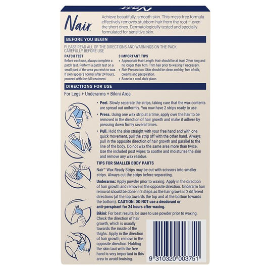 Nair Sensitive Formula Wax Ready Strips Chamomile Extract Legs & Body 40 Pack