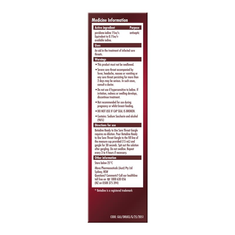 Load image into Gallery viewer, Betadine Sore Throat Gargle Ready To Use 120mL
