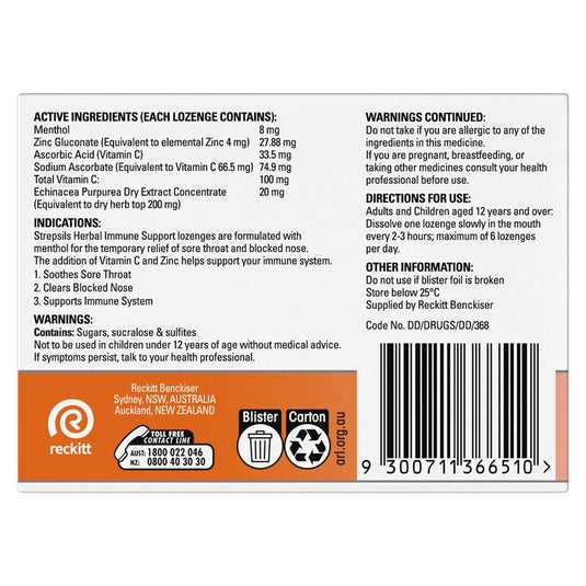 Strepsils Herbal Immune Support Lozenges Elderberry Echinacea 16 Pack