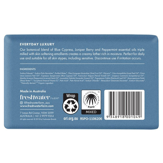 Freshwater Farm Australia Blue Cypress + Juniper Berry Oil Calming Body Bar 200g