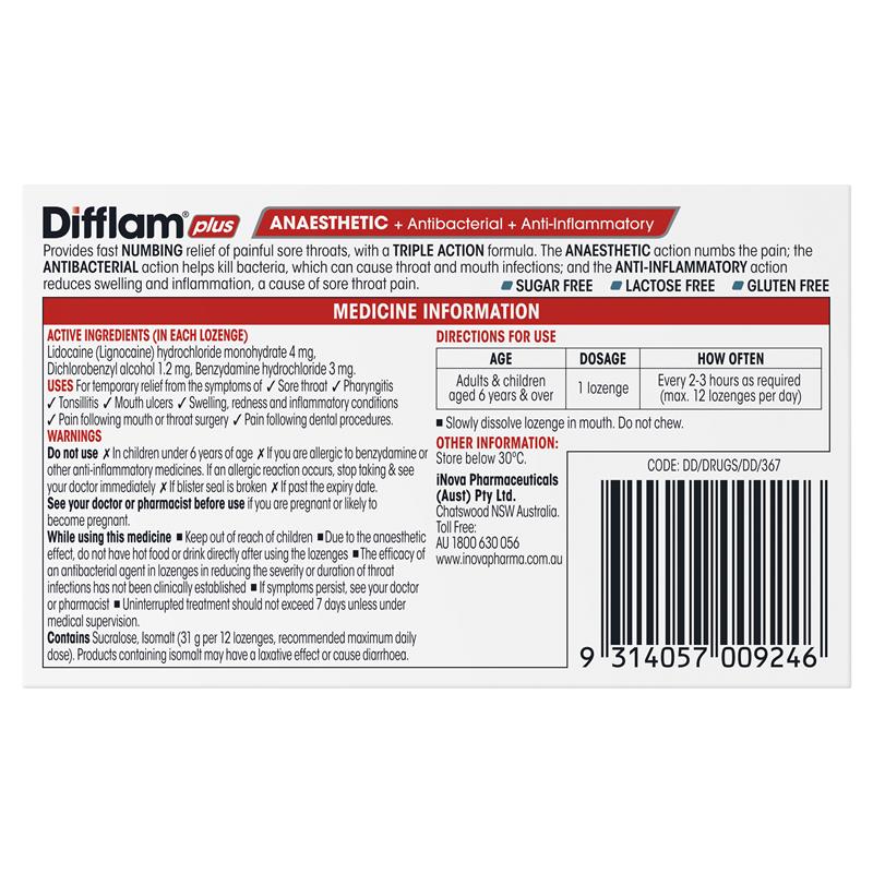 Load image into Gallery viewer, Difflam Plus Anaesthetic Sugar Free Eucalyptus Menthol 16 Lozenges
