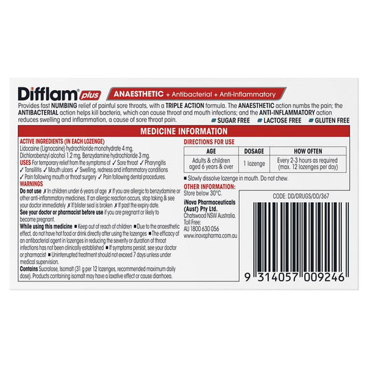 Difflam Plus Anaesthetic Sugar Free Eucalyptus Menthol 16 Lozenges