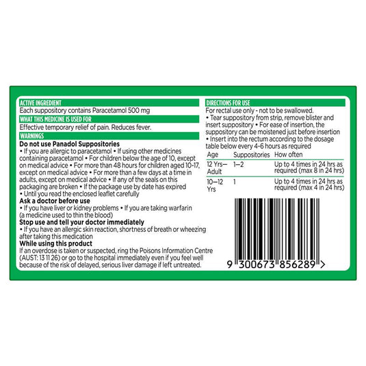 Panadol 500mg 10 Suppositories