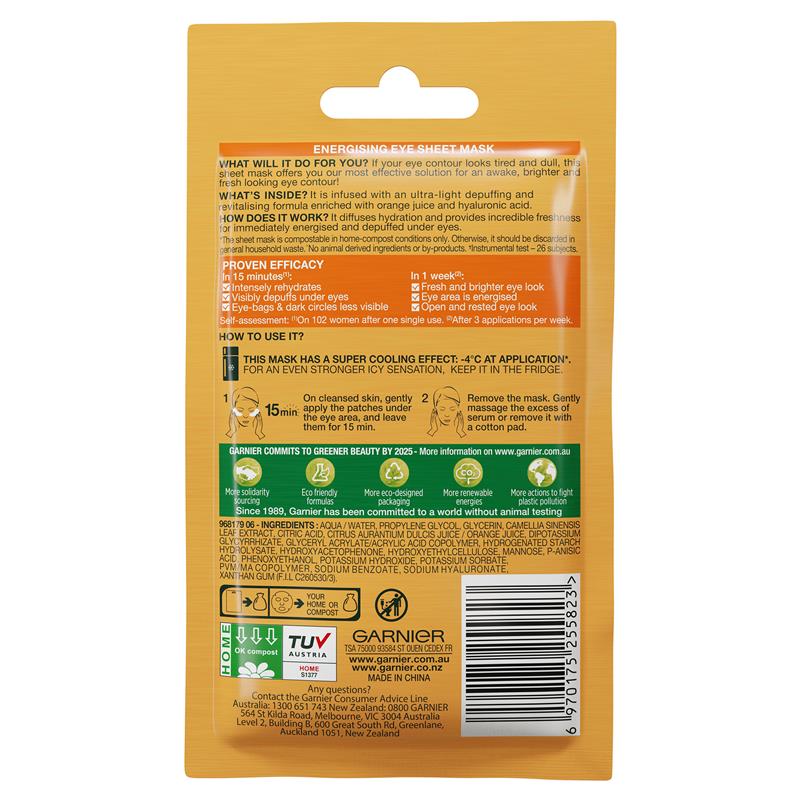 Load image into Gallery viewer, Garnier Hydra Bomb Hyaluronic Acid + Orange Extract Eye Sheet Mask
