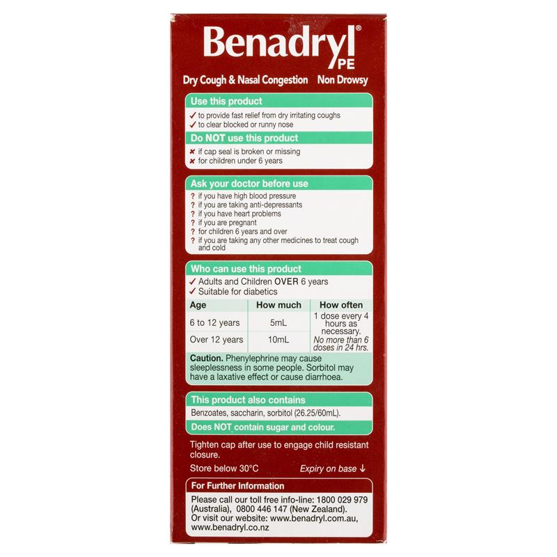 Load image into Gallery viewer, Benadryl PE Dry Cough &amp; Nasal Congestion Non Drowsy Berry Flavour 200mL
