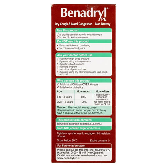 Benadryl PE Dry Cough & Nasal Congestion Non Drowsy Berry Flavour 200mL