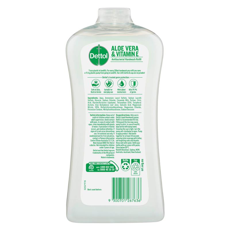 Load image into Gallery viewer, Dettol Hand Wash Aloe Vera Refill 950mL Vitamin E Antibacterial Liquid
