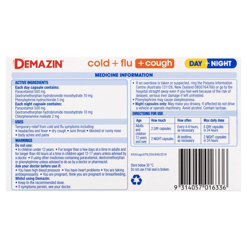 Load image into Gallery viewer, Demazin Cold + Flu + Cough Day + Night 24 Capsules
